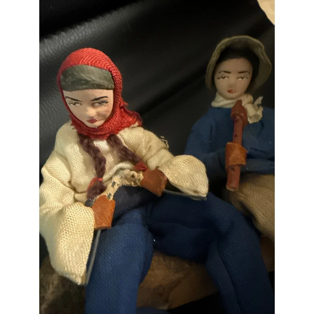 Vintage Sabra Israel‎ Handmade Dolls 1950's on Wood Log Knitting & Flute Player